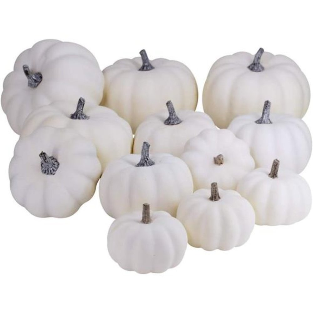 12PCS Assorted Sizes Rustic Harvest White Artificial Pumpkins for Halloween Fall